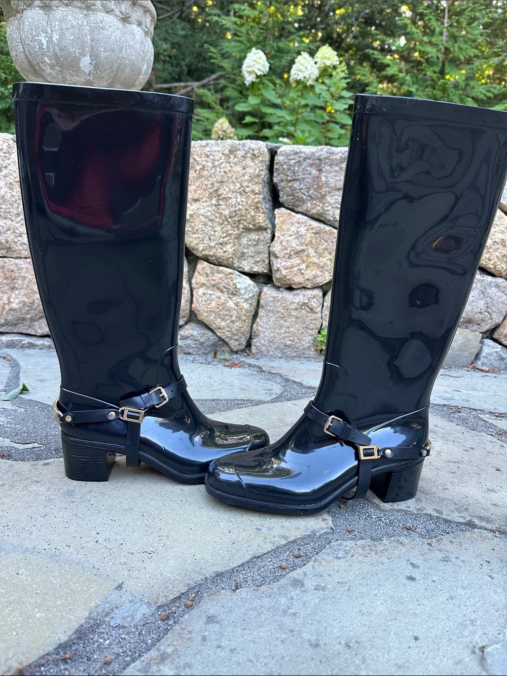 Jimmy Choo Glossy Black Rain Boots with Buckle Harness